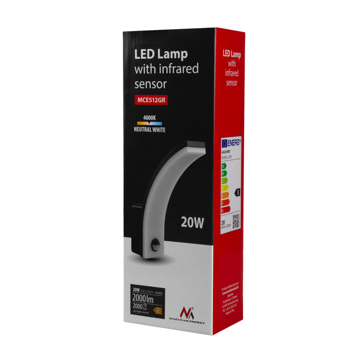 Luz LED com sensor de movimento Maclean, sensor de movimento PIR, cinzento, 20 W, IP65, 2000 lm, branco neutro (4000 K) MCE512 GR, pacote de 2