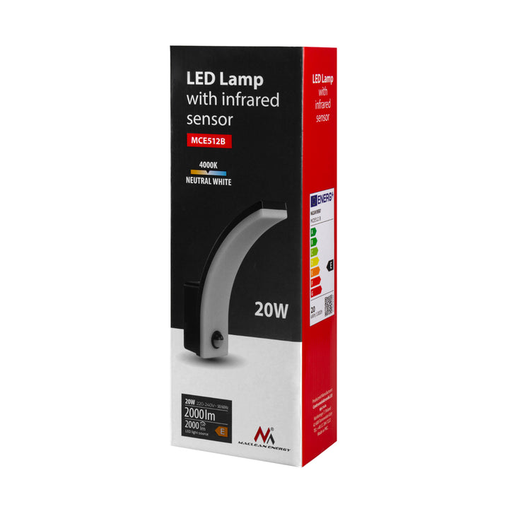 Luz LED com sensor de movimento Maclean, sensor de movimento PIR, preta, 20 W, IP65, 2000 lm, branco neutro (4000 K) MCE512 B, pacote de 2