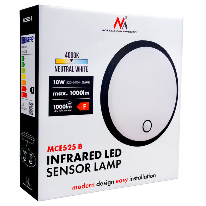 Lámpara LED con sensor de movimiento Maclean, sensor PIR, color negro, 10 W, IP65, 1000 lm, color neutro, MCE525 B