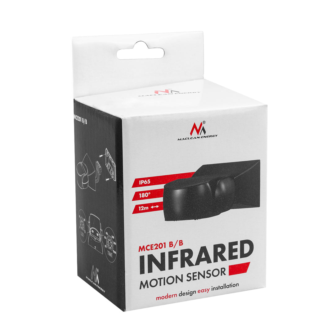 Sensor de movimiento PIR Maclean, infrarrojos, IP65, negro con cubierta negra, alcance 12 m, MCE201 B/B