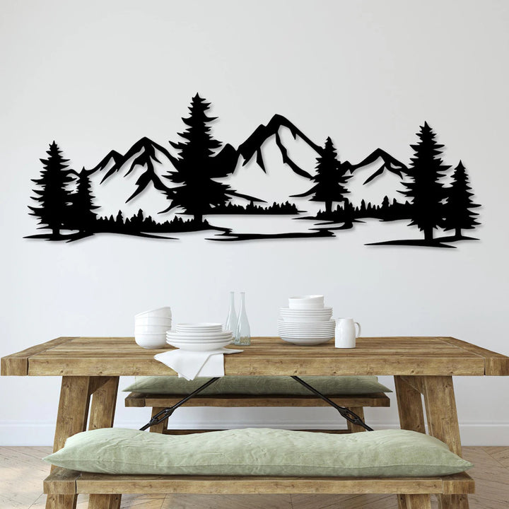 Cuadro calado, decoración mural 3D, cuadro 3D "Montañas con bosque" 200x68cm Negro