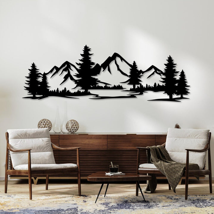 Cuadro calado, decoración 3D pared, cuadro 3D "Montañas con bosque" 80x27cm Negro