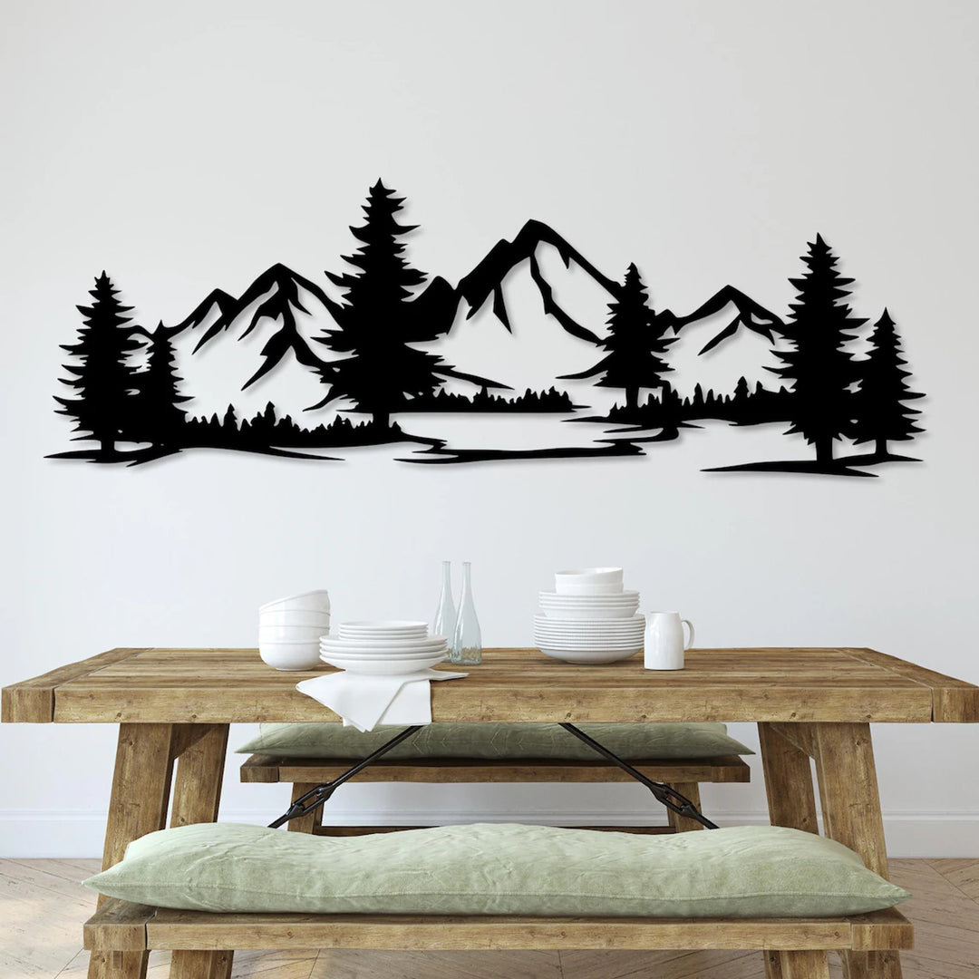 Cuadro calado, decoración 3D pared, cuadro 3D "Montañas con bosque" 67x23cm Negro
