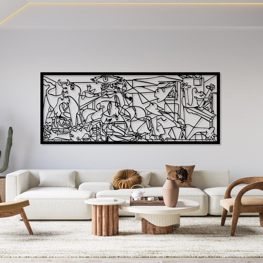 Pintura vazada, decoração de parede 3D, pintura 3D "Guernica de Pablo Picasso" 67x27cm Preto