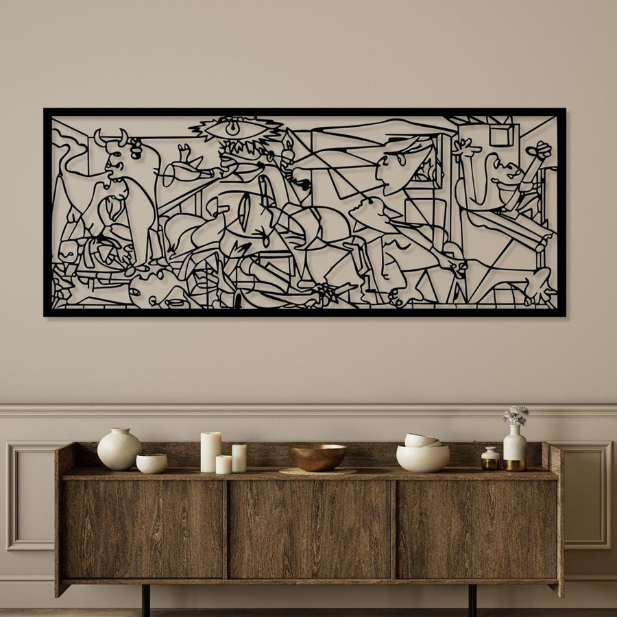 Pintura vazada, decoração de parede 3D, pintura 3D "Guernica de Pablo Picasso" 67x27cm Preto