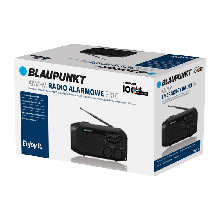 Rádio Blaupunkt alimentado por rede elétrica/bateria, lanterna LED, indicador SOS, antena, ER10