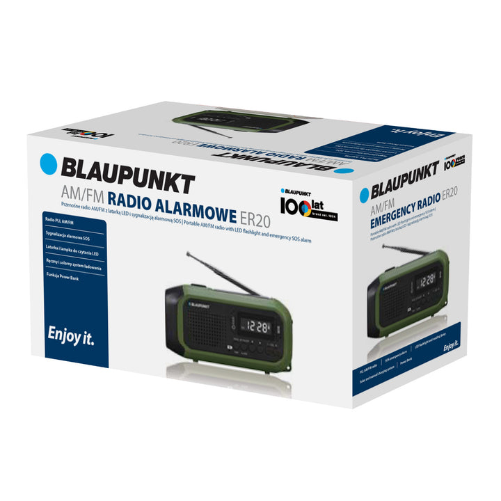 Rádio Blaupunkt alimentado por rede elétrica/bateria, lanterna LED, indicador SOS, antena, ER20