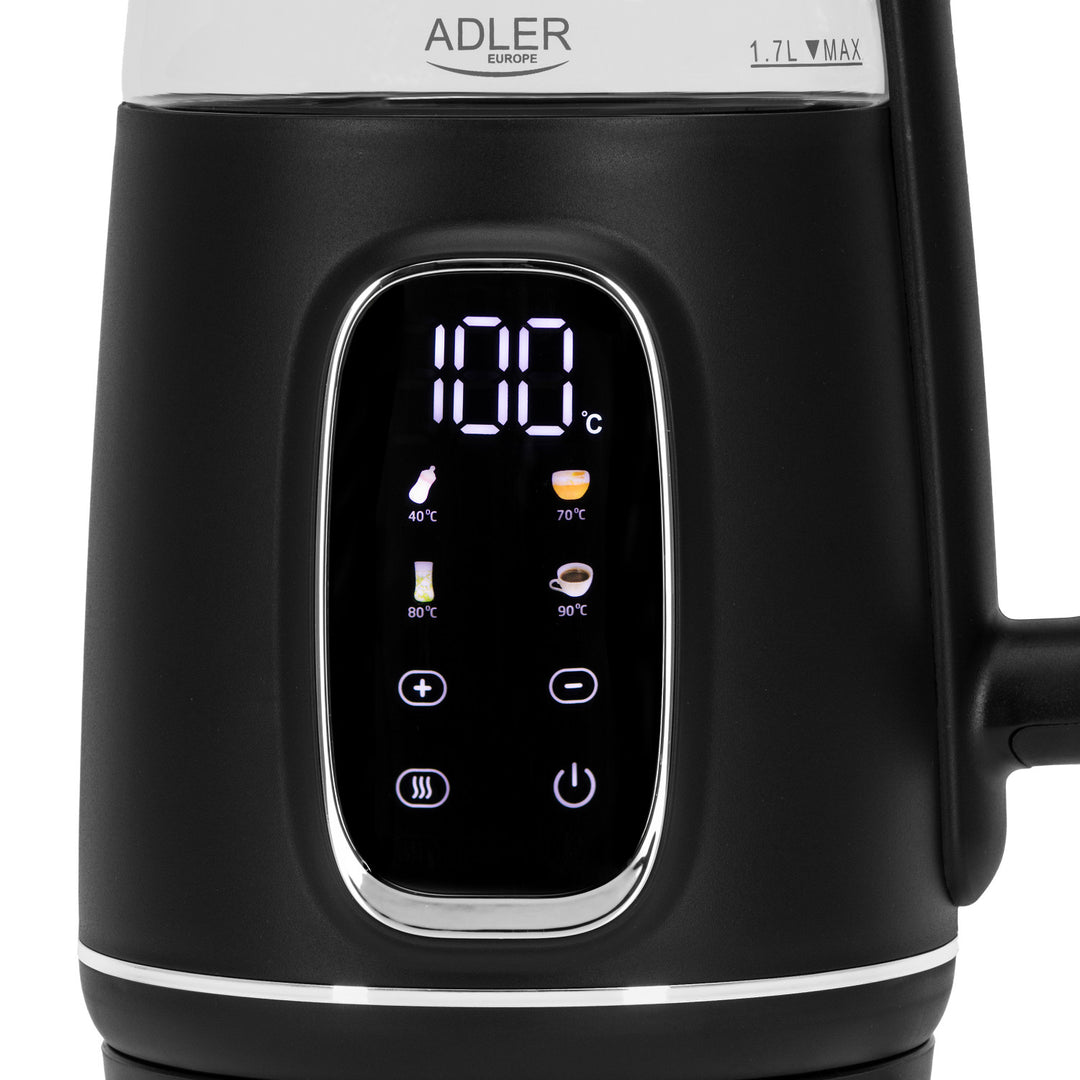Adler AD 1305 bs Hervidor eléctrico de vidrio 1.7L, Negro y plata, Control de temperatura, Pantalla LED