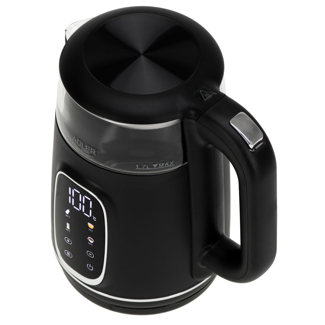 Adler AD 1305 bs Hervidor eléctrico de vidrio 1.7L, Negro y plata, Control de temperatura, Pantalla LED