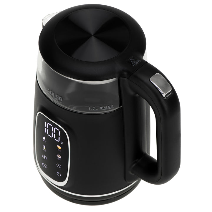 Adler AD 1305 bs Hervidor eléctrico de vidrio 1.7L, Negro y plata, Control de temperatura, Pantalla LED