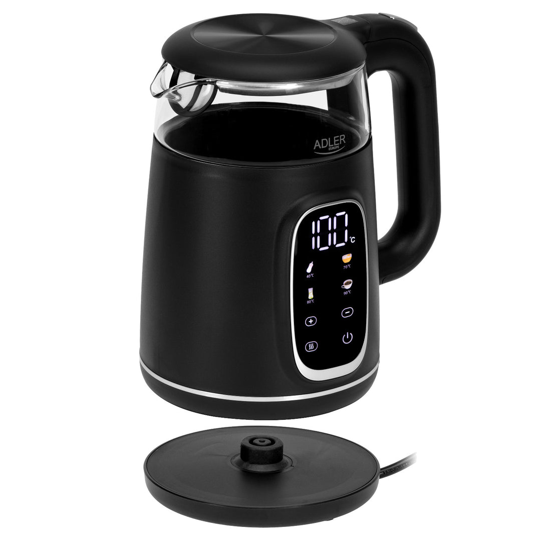 Adler AD 1305 bs Hervidor eléctrico de vidrio 1.7L, Negro y plata, Control de temperatura, Pantalla LED