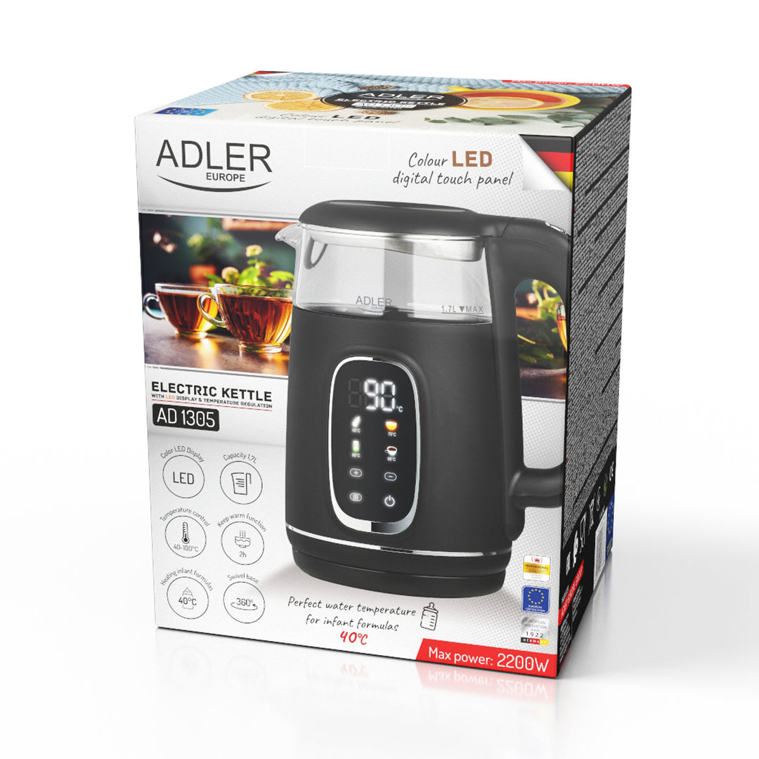 Adler AD 1305 bs Hervidor eléctrico de vidrio 1.7L, Negro y plata, Control de temperatura, Pantalla LED