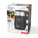 Chaleira elétrica em vidro Adler AD 1305 BS 1,7 L, preta e prateada, controlo de temperatura, visor LED
