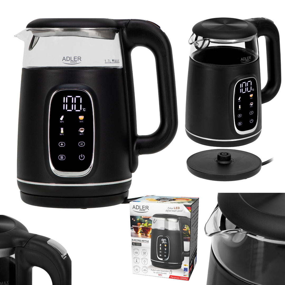 Adler AD 1305 bs Hervidor eléctrico de vidrio 1.7L, Negro y plata, Control de temperatura, Pantalla LED