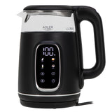 Chaleira elétrica em vidro Adler AD 1305 BS 1,7 L, preta e prateada, controlo de temperatura, visor LED