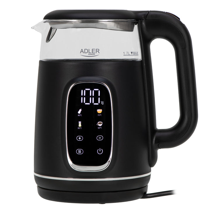 Adler AD 1305 bs Hervidor eléctrico de vidrio 1.7L, Negro y plata, Control de temperatura, Pantalla LED