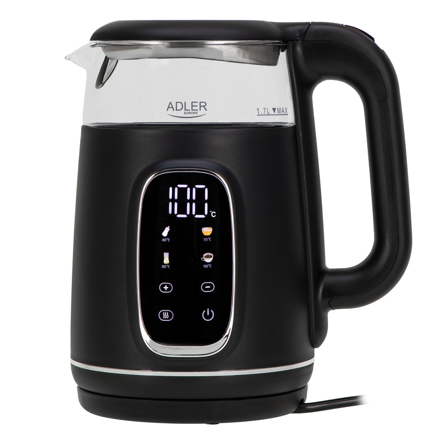 Chaleira elétrica em vidro Adler AD 1305 BS 1,7 L, preta e prateada, controlo de temperatura, visor LED