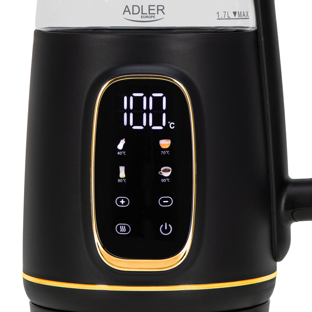 Chaleira elétrica em vidro Adler AD 1305 bg 1,7 L, preta e dourada, controlo de temperatura, visor LED