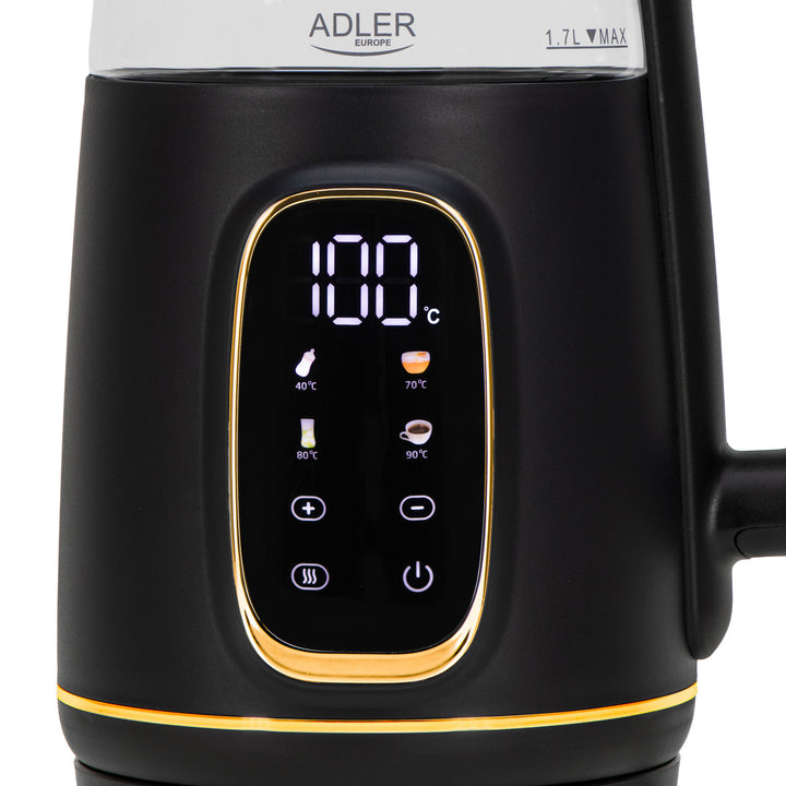 Chaleira elétrica em vidro Adler AD 1305 bg 1,7 L, preta e dourada, controlo de temperatura, visor LED