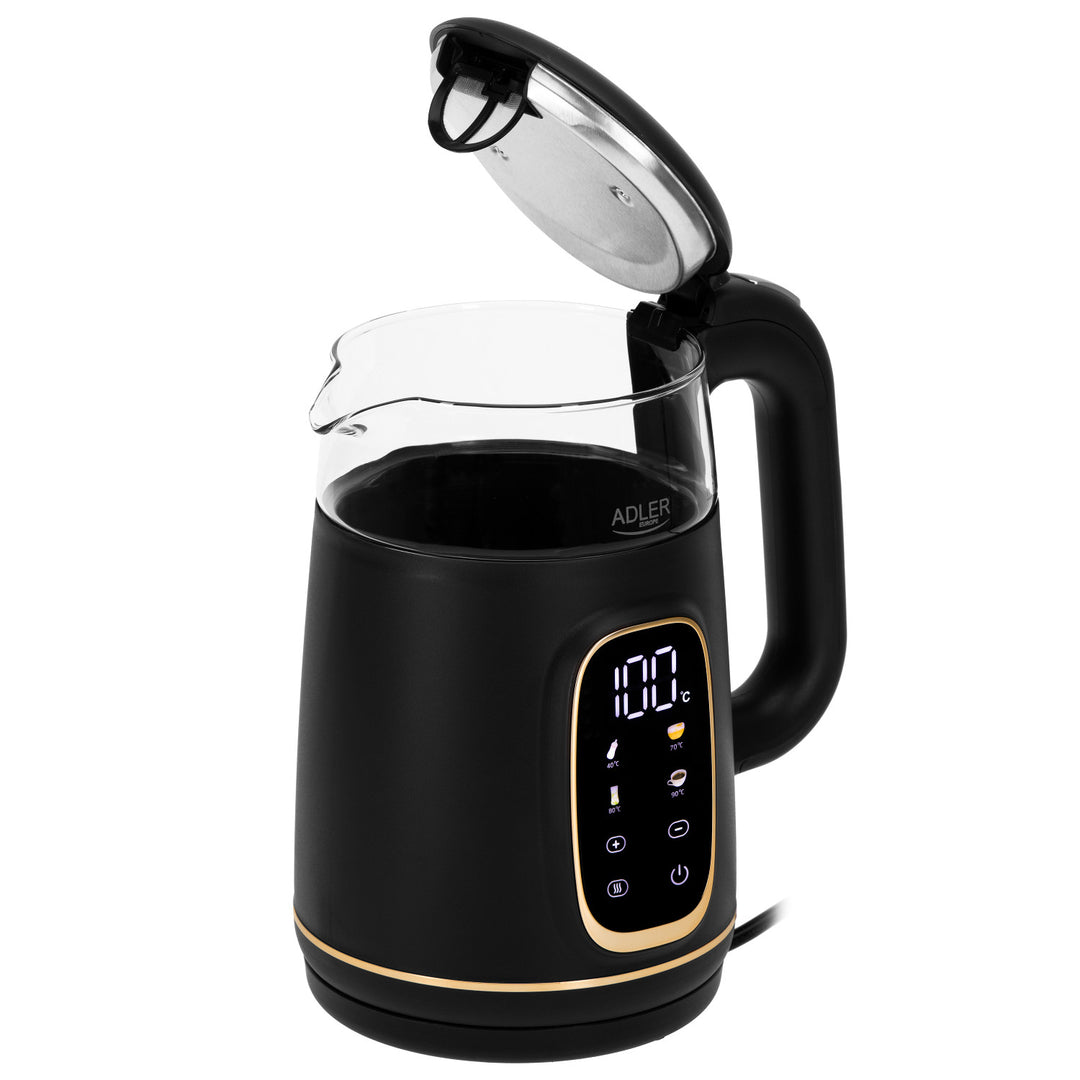 Chaleira elétrica em vidro Adler AD 1305 bg 1,7 L, preta e dourada, controlo de temperatura, visor LED