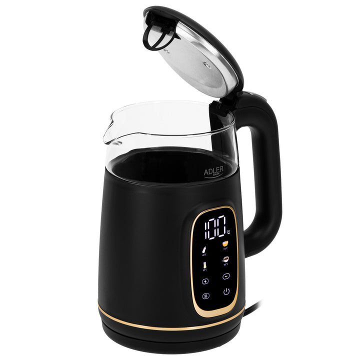 Chaleira elétrica em vidro Adler AD 1305 bg 1,7 L, preta e dourada, controlo de temperatura, visor LED