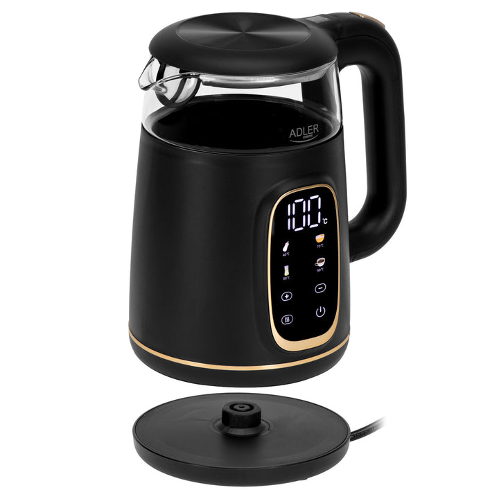 Chaleira elétrica em vidro Adler AD 1305 bg 1,7 L, preta e dourada, controlo de temperatura, visor LED