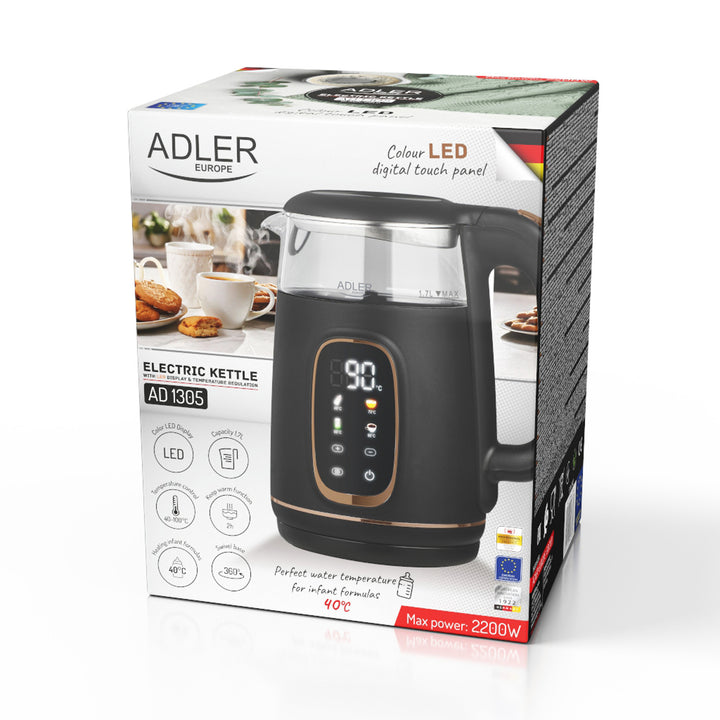 Chaleira elétrica em vidro Adler AD 1305 bg 1,7 L, preta e dourada, controlo de temperatura, visor LED