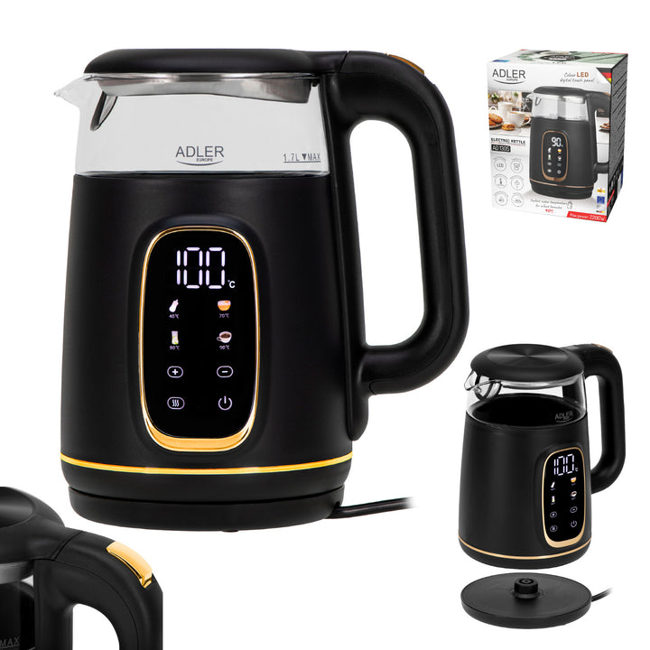 Chaleira elétrica em vidro Adler AD 1305 bg 1,7 L, preta e dourada, controlo de temperatura, visor LED