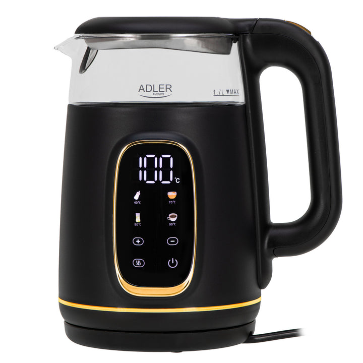 Chaleira elétrica em vidro Adler AD 1305 bg 1,7 L, preta e dourada, controlo de temperatura, visor LED