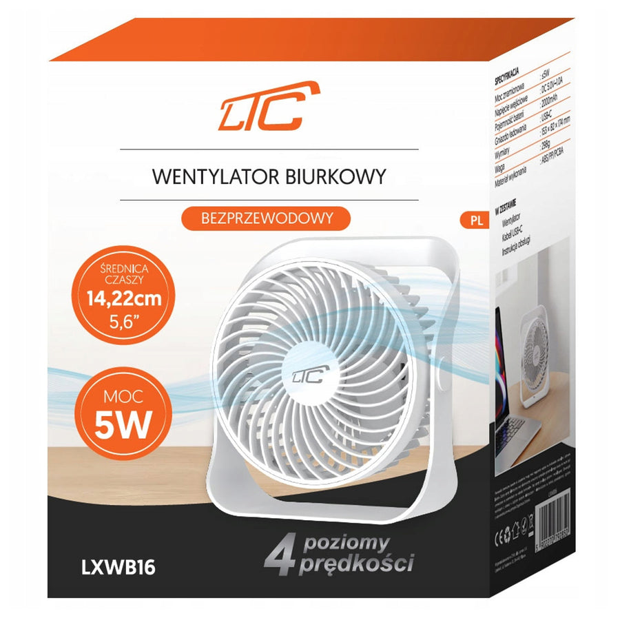 Ventilador de mesa sem fios LTC LXWB16, carregamento USB-C, 4 definições de velocidade, bateria de 2000 mAh