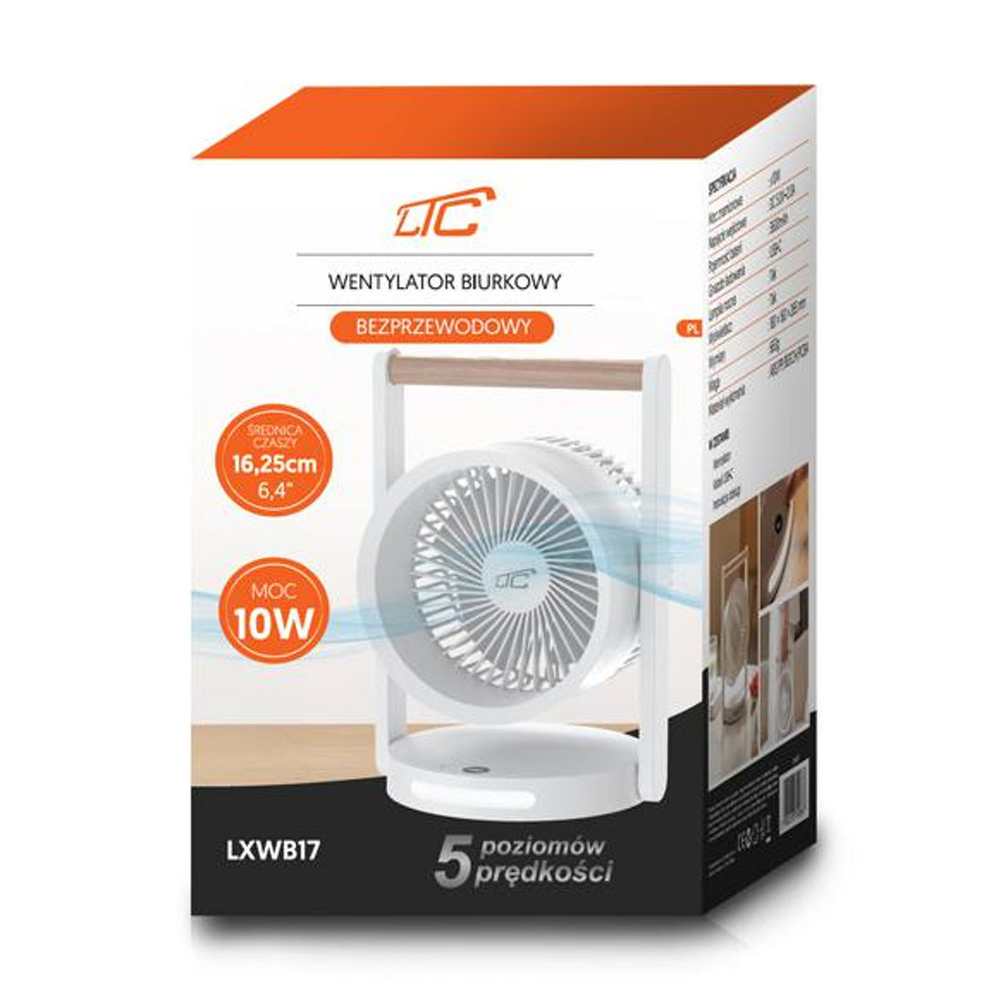 Ventilador de mesa sem fios LTC LXWB17, luz de presença e visor LED, 5 posições de velocidade, bateria de 3600 mAh