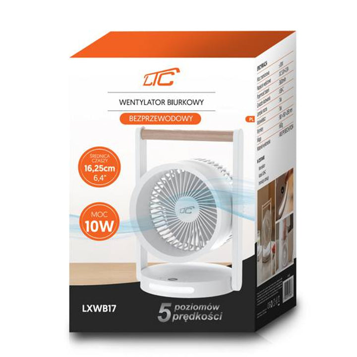 Ventilador de mesa sem fios LTC LXWB17, luz de presença e visor LED, 5 posições de velocidade, bateria de 3600 mAh