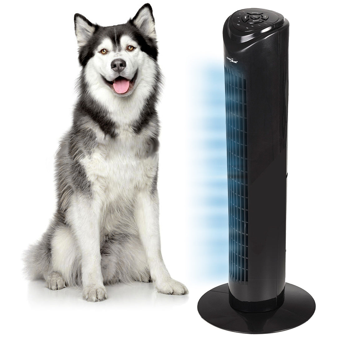 Ventilador de columna GreenBlue de 45 W con 3 niveles de potencia, 82 cm de altura, cable de 1,5 m, con mando a distancia y temporizador GB645 con enchufe del Reino Unido