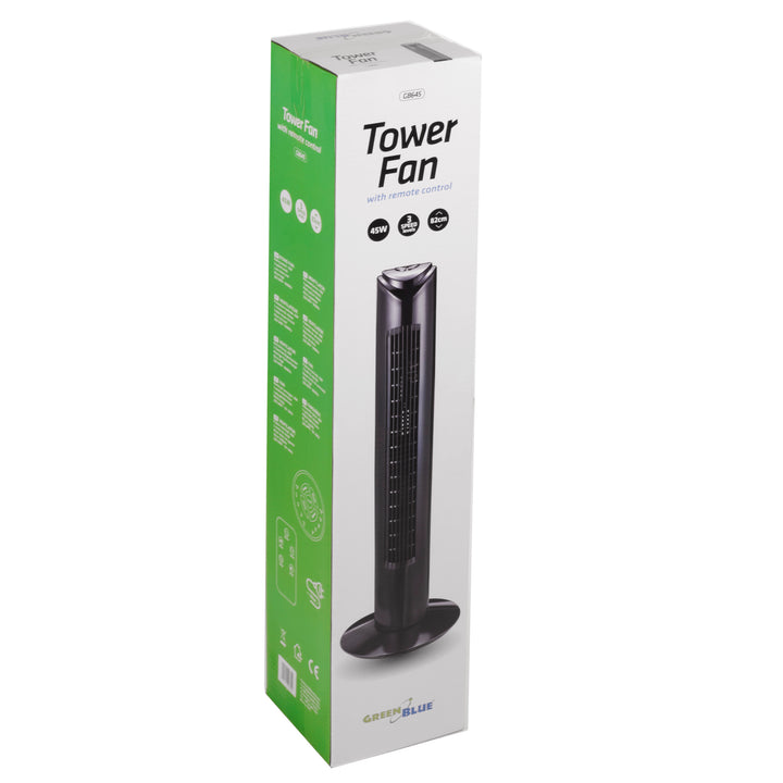 Ventilador de columna GreenBlue de 45 W con 3 niveles de potencia, 82 cm de altura, cable de 1,5 m, con mando a distancia y temporizador GB645 con enchufe del Reino Unido