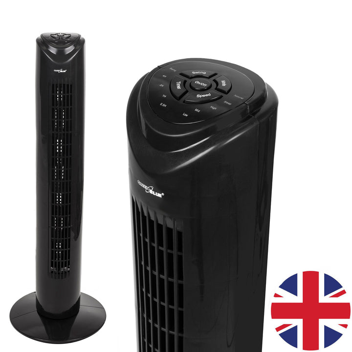 Ventilador de columna GreenBlue de 45 W con 3 niveles de potencia, 82 cm de altura, cable de 1,5 m, con mando a distancia y temporizador GB645 con enchufe del Reino Unido