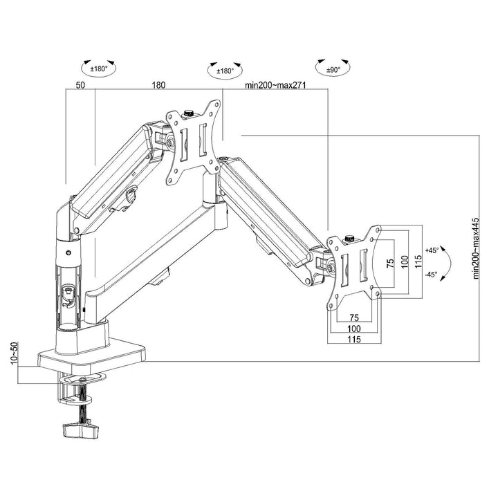 Soporte para 2 monitores Maclean, resorte de gas, 17"-32", 2-10kg, negro, MC-134