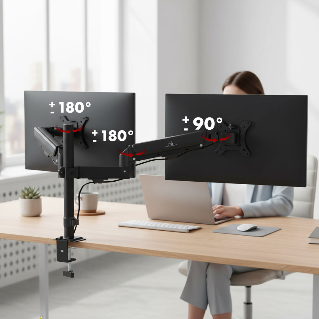 Soporte para 2 monitores Maclean, resorte de gas, 17"-32", 2-10kg, negro, MC-136