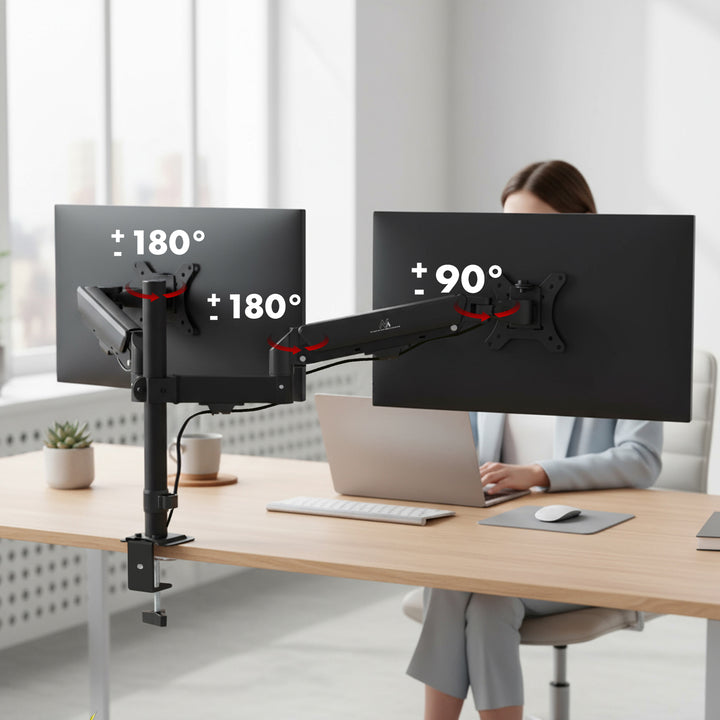 Soporte para 2 monitores Maclean, resorte de gas, 17"-32", 2-10kg, negro, MC-136