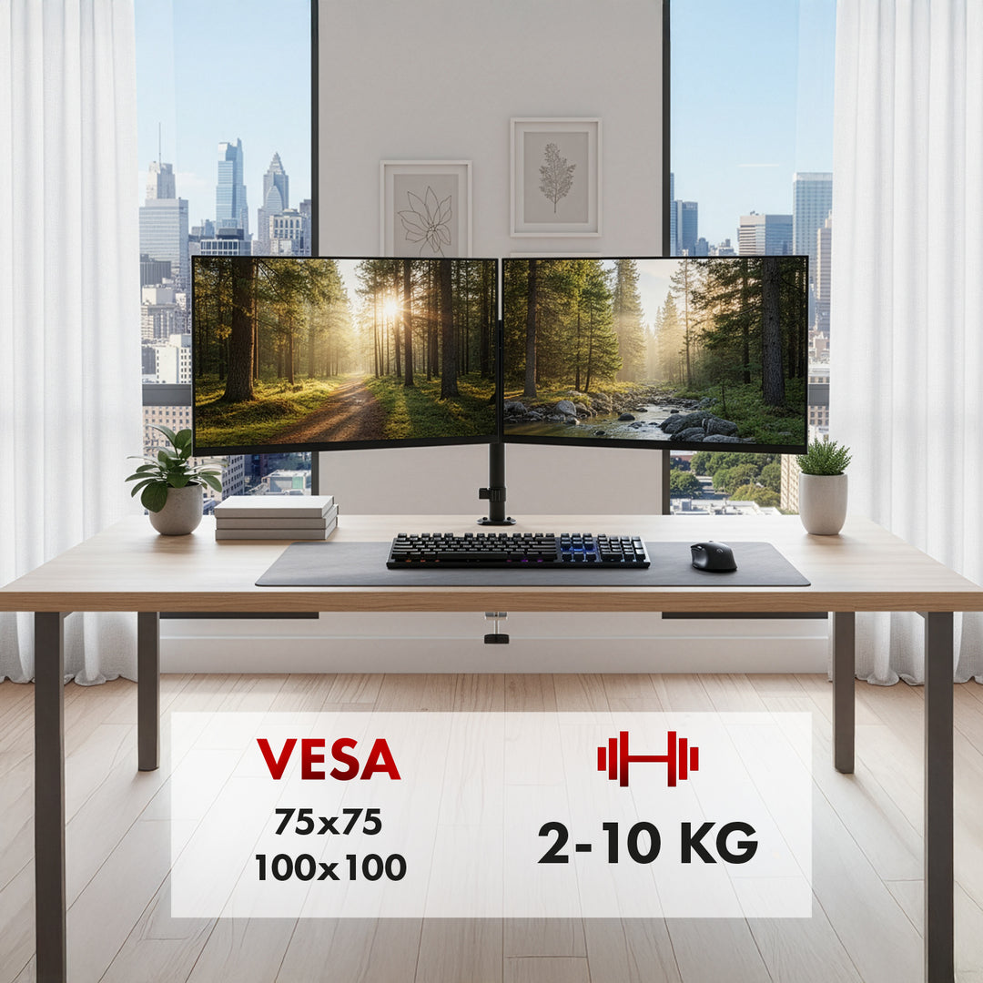 Soporte para 2 monitores Maclean, resorte de gas, 17"-32", 2-10kg, negro, MC-136