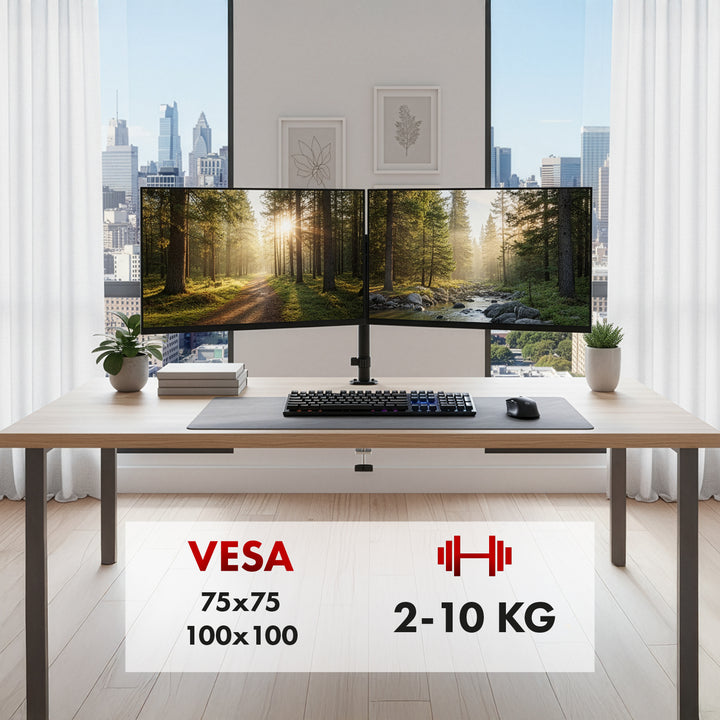 Soporte para 2 monitores Maclean, resorte de gas, 17"-32", 2-10kg, negro, MC-136