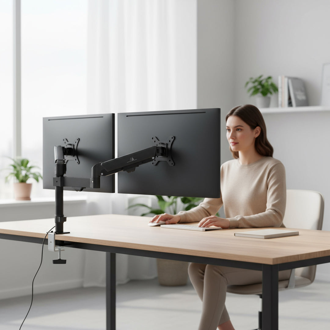 Soporte para 2 monitores Maclean, resorte de gas, 17"-32", 2-10kg, negro, MC-136