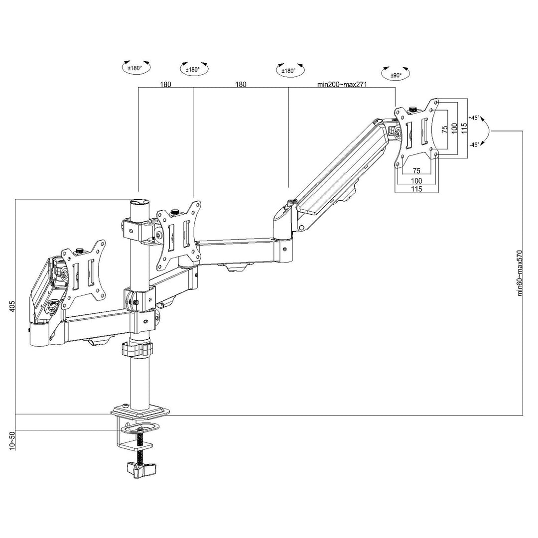 Soporte para 3 monitores Maclean, resorte de gas, 17"-27", 2-8kg, negro, MC-137