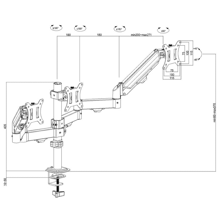 Soporte para 3 monitores Maclean, resorte de gas, 17"-27", 2-8kg, negro, MC-137