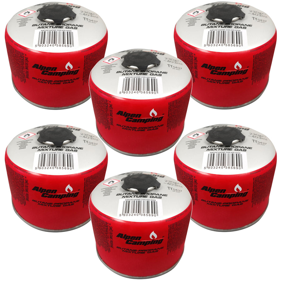 Cartucho de gás Alpen Camping 230g Certificado: Pi 0656, em conformidade com a norma EN417, propano-butano, gama de -10°C a +40°C, válvula de rosca 7/16" IK009, 6 unid.