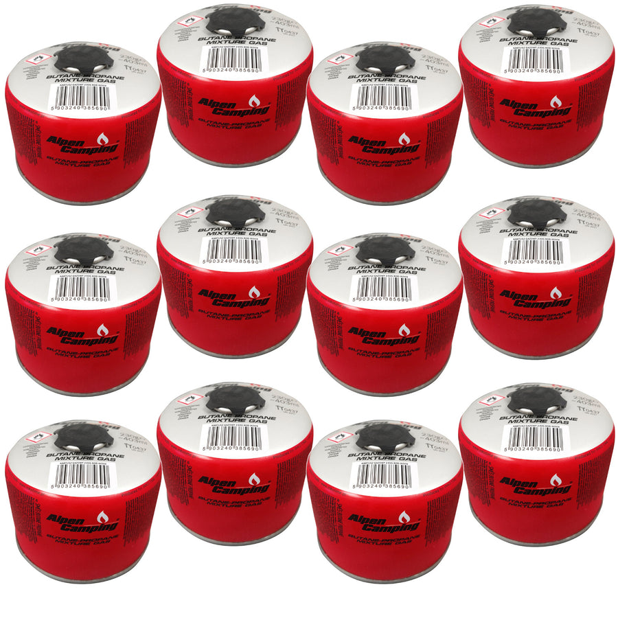 Cartucho de gás para campismo Alpen 230g, certificado: PI 0656, compatível com EN417, propano-butano, gama de -10°C a +40°C, válvula roscada 7/16" IK009, 12 peças