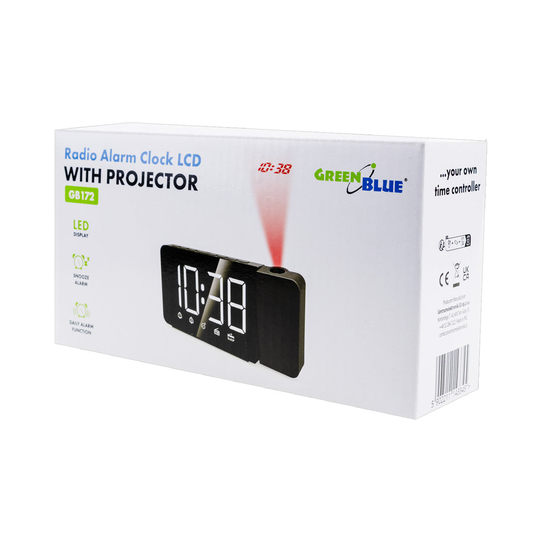 Radio despertador digital LED con proyector GreenBlue, radio FM, alarma, reloj 12/24, alimentación USB 5V DC + CR2032, GB172