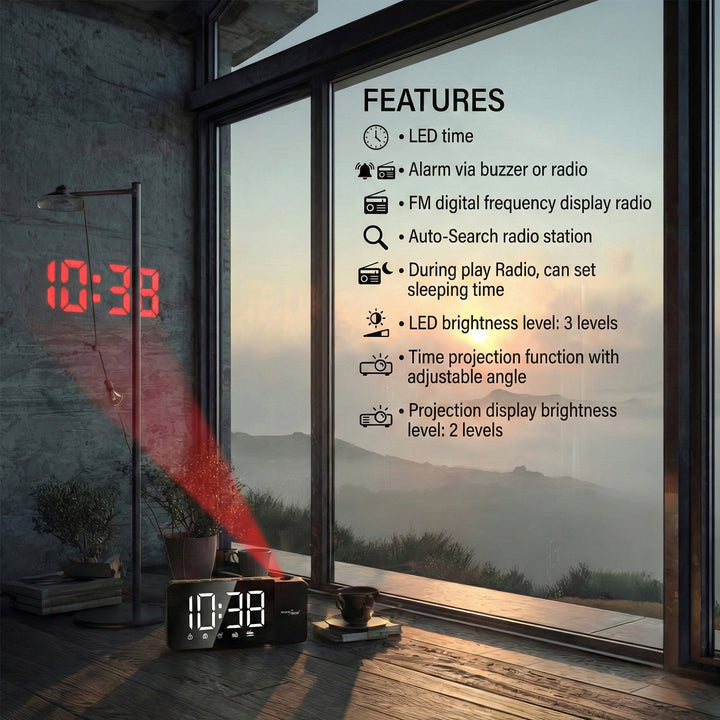 Radio despertador digital LED con proyector GreenBlue, radio FM, alarma, reloj 12/24, alimentación USB 5V DC + CR2032, GB172