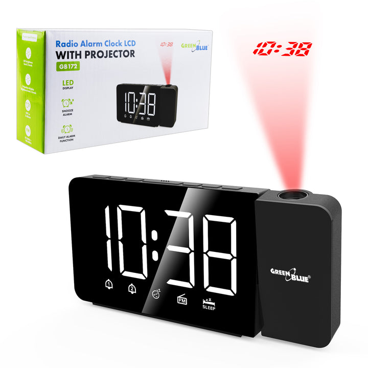 Radio despertador digital LED con proyector GreenBlue, radio FM, alarma, reloj 12/24, alimentación USB 5V DC + CR2032, GB172
