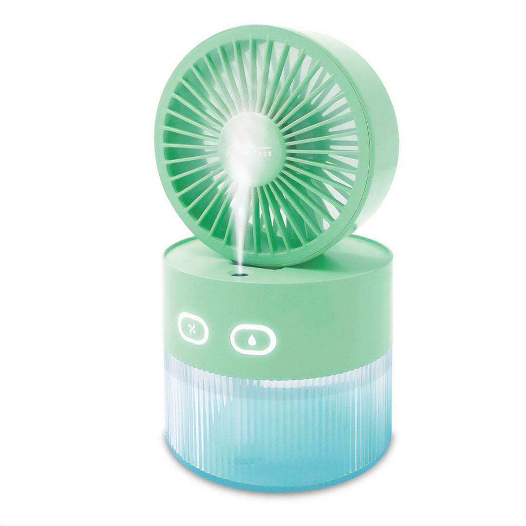 Ventilador de mesa com humidificação. Capacidade de 350 ml. Saída de névoa de 40 ml/h. Fonte de alimentação USB-C.