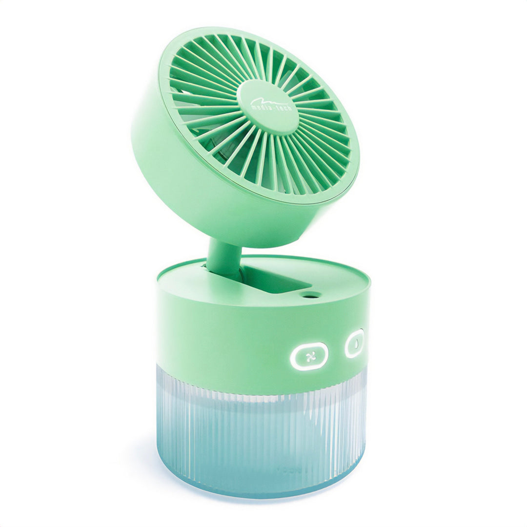 Ventilador de mesa com humidificação. Capacidade de 350 ml. Saída de névoa de 40 ml/h. Fonte de alimentação USB-C.